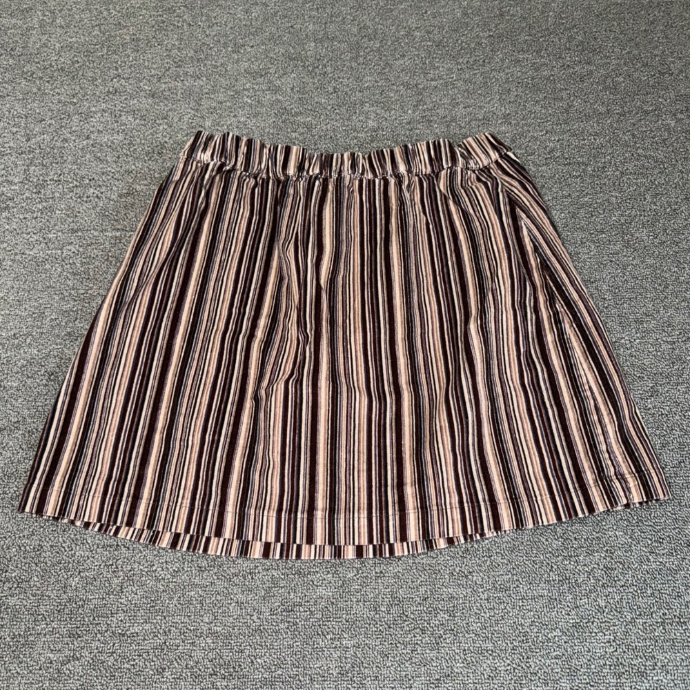 American Eagle Striped Mini Skirt Brown Tan Elastic Waist Size Medium Retro Boho
